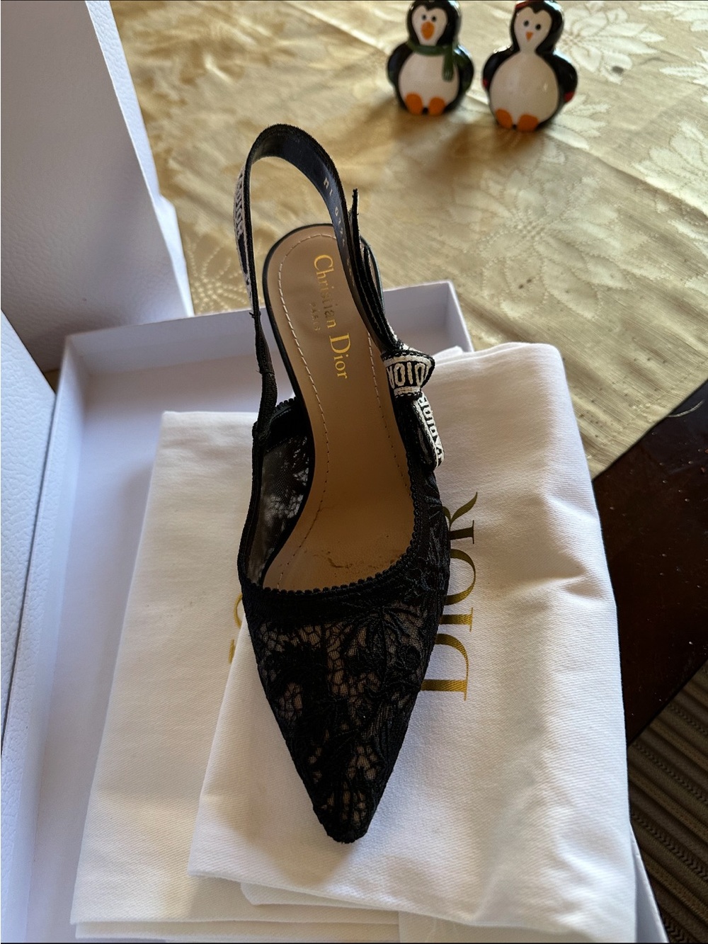 Dior Black Lace Pointed Slingback Heel